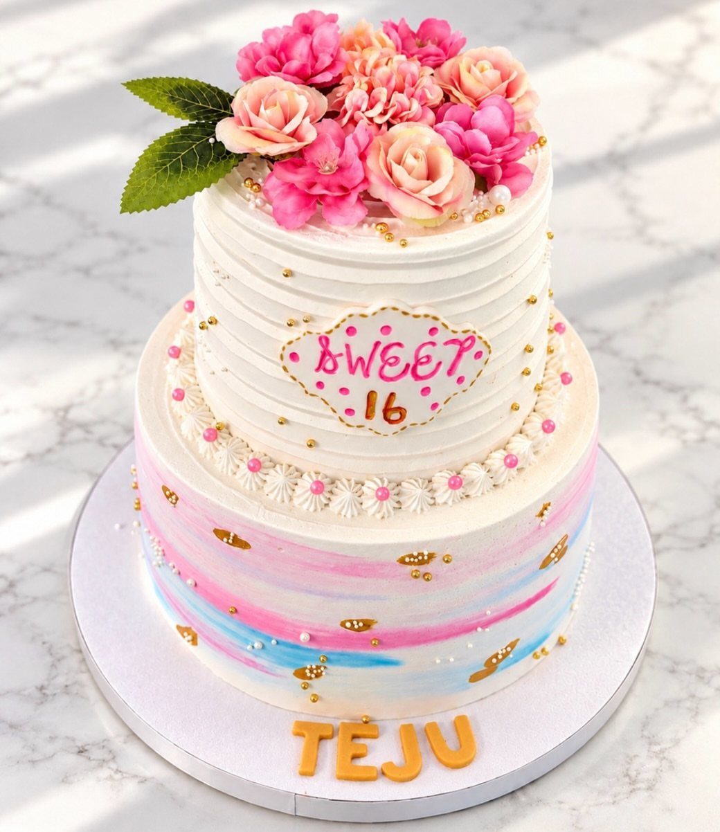 Two-tier white cake with pink and blue watercolor frosting and pink roses.