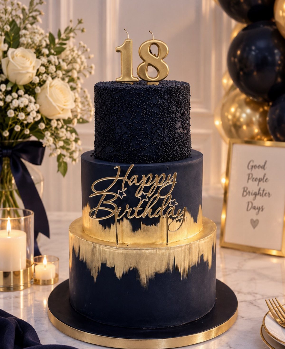 Three-tier navy blue and gold birthday cake with gold 18 candle topper