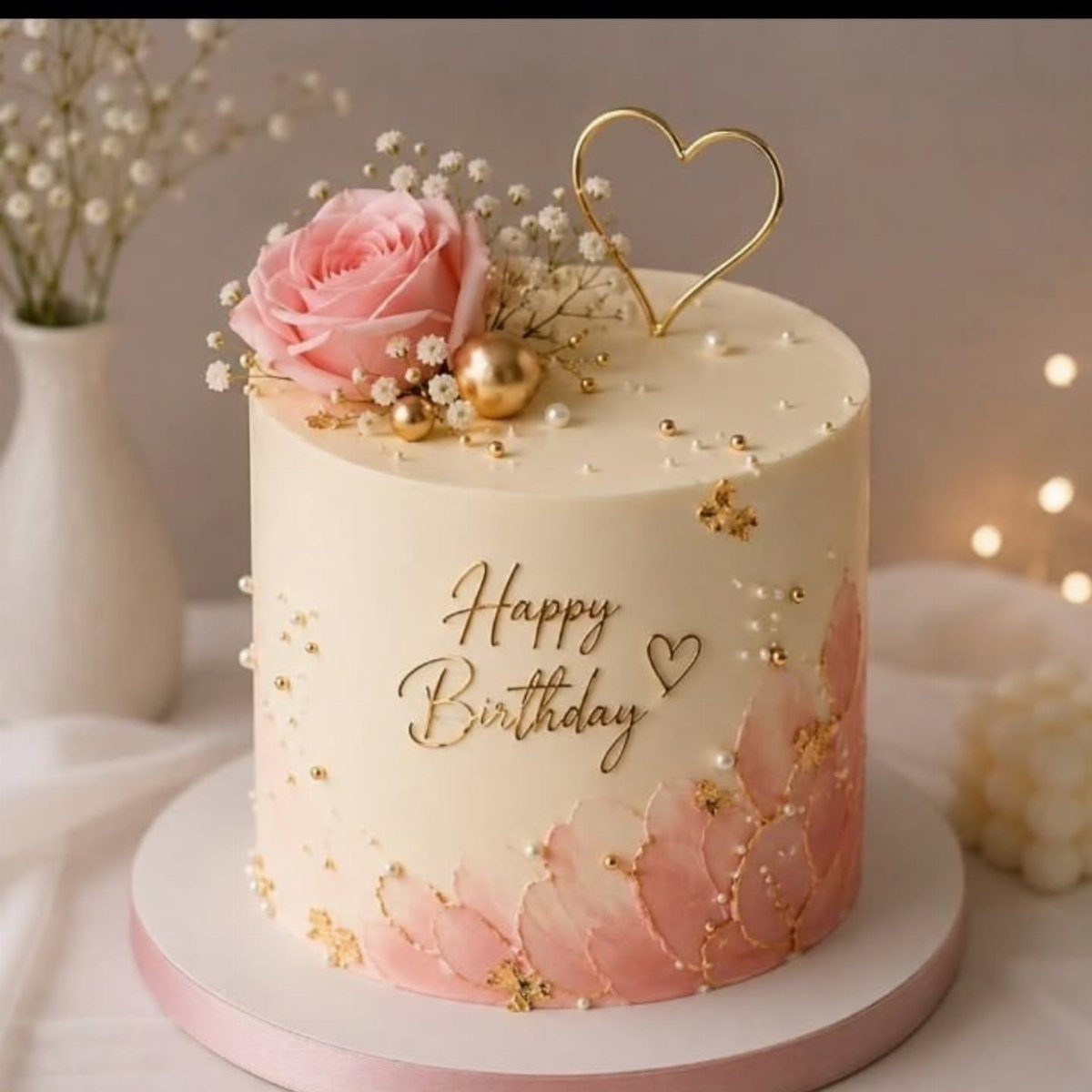 White birthday cake with pink ombre petals, a pink rose, and gold heart topper.