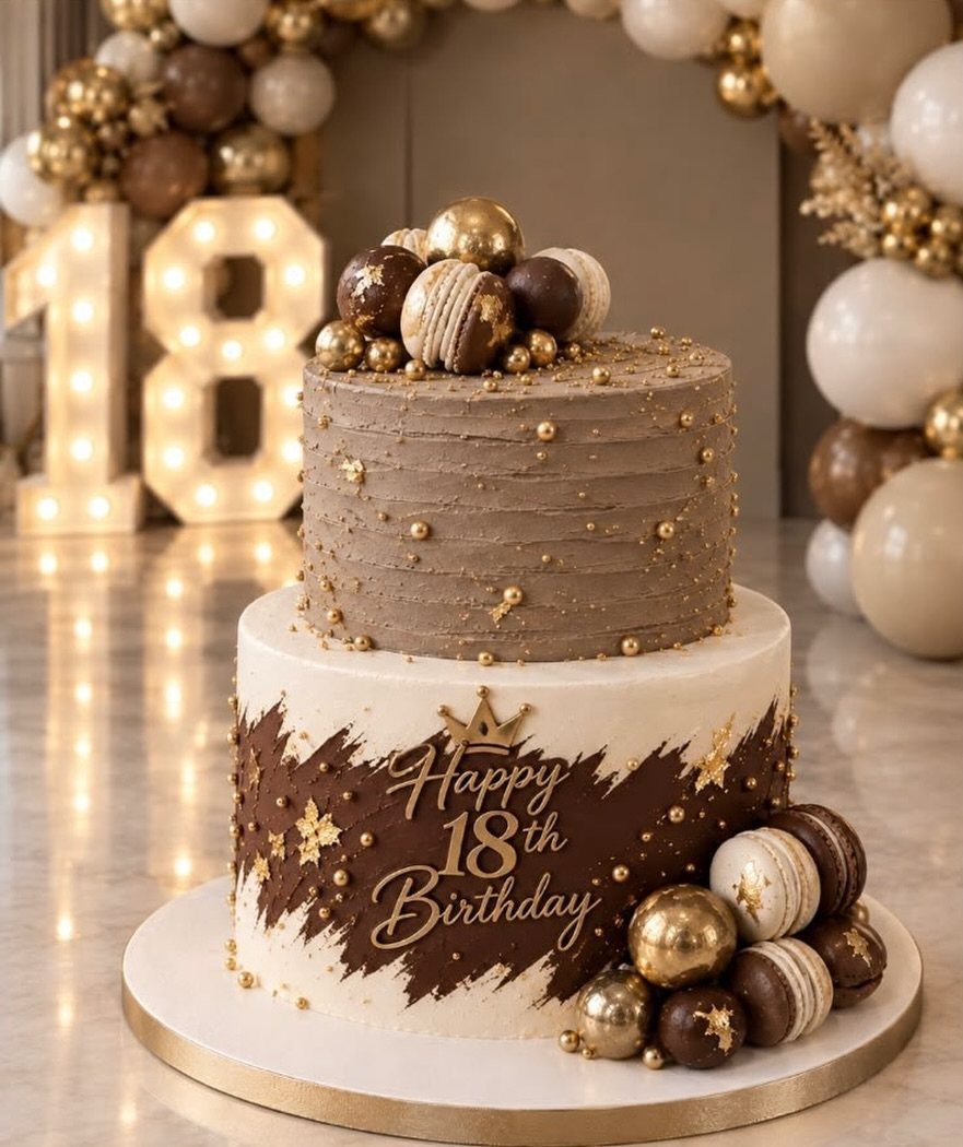 Two-tier brown and white birthday cake with gold accents and chocolate macarons.