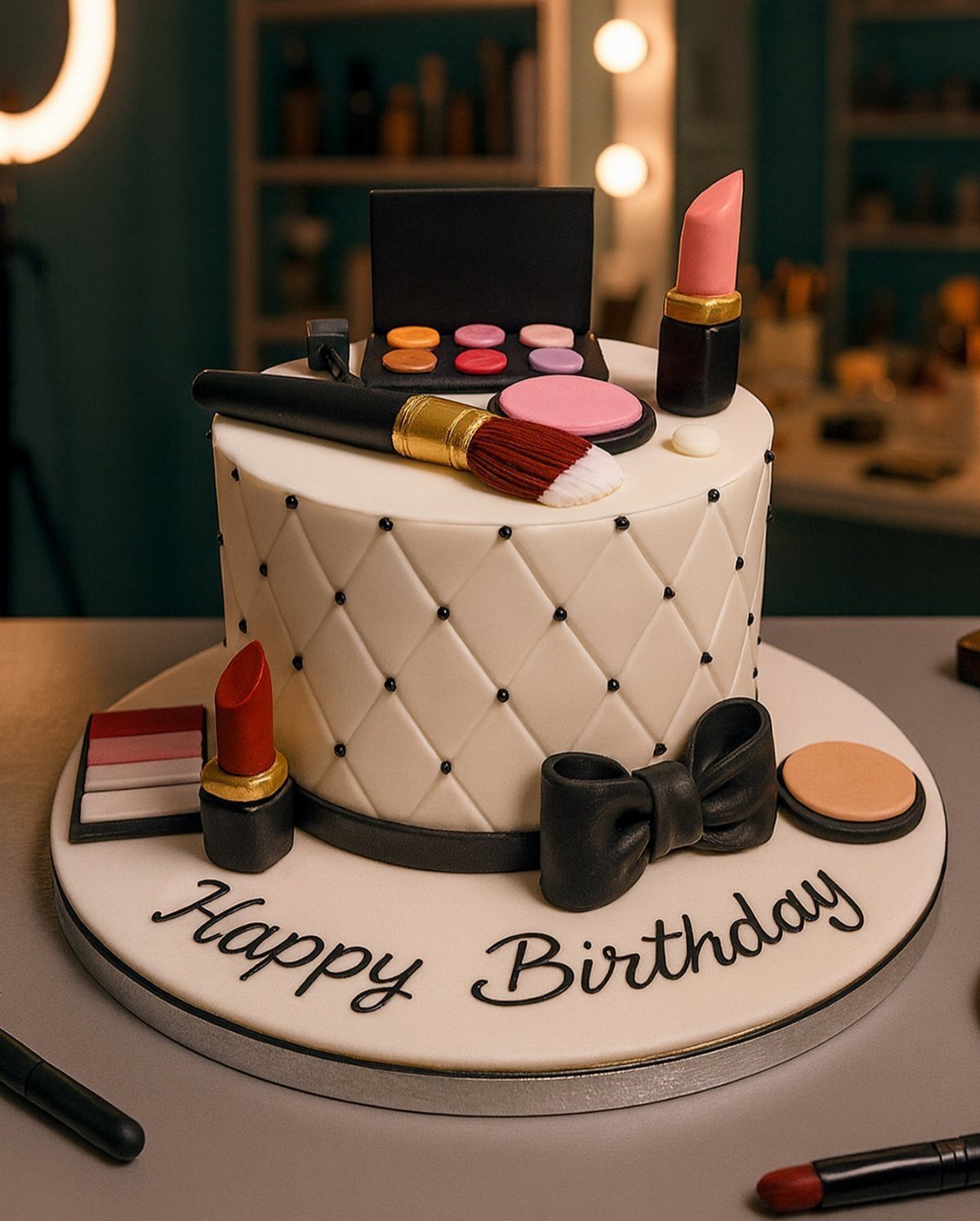 White quilted birthday cake decorated with edible lipstick, eyeshadow palette, and makeup brushes.