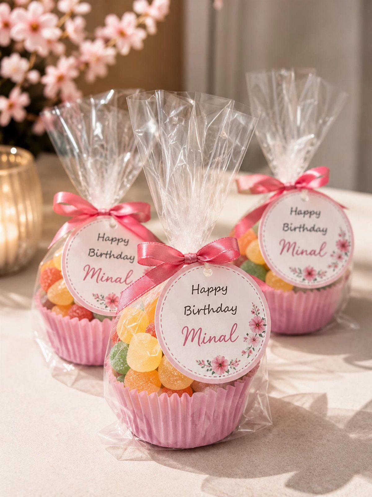 Candy filled pink cupcake liners wrapped in cellophane with birthday tags and ribbons.