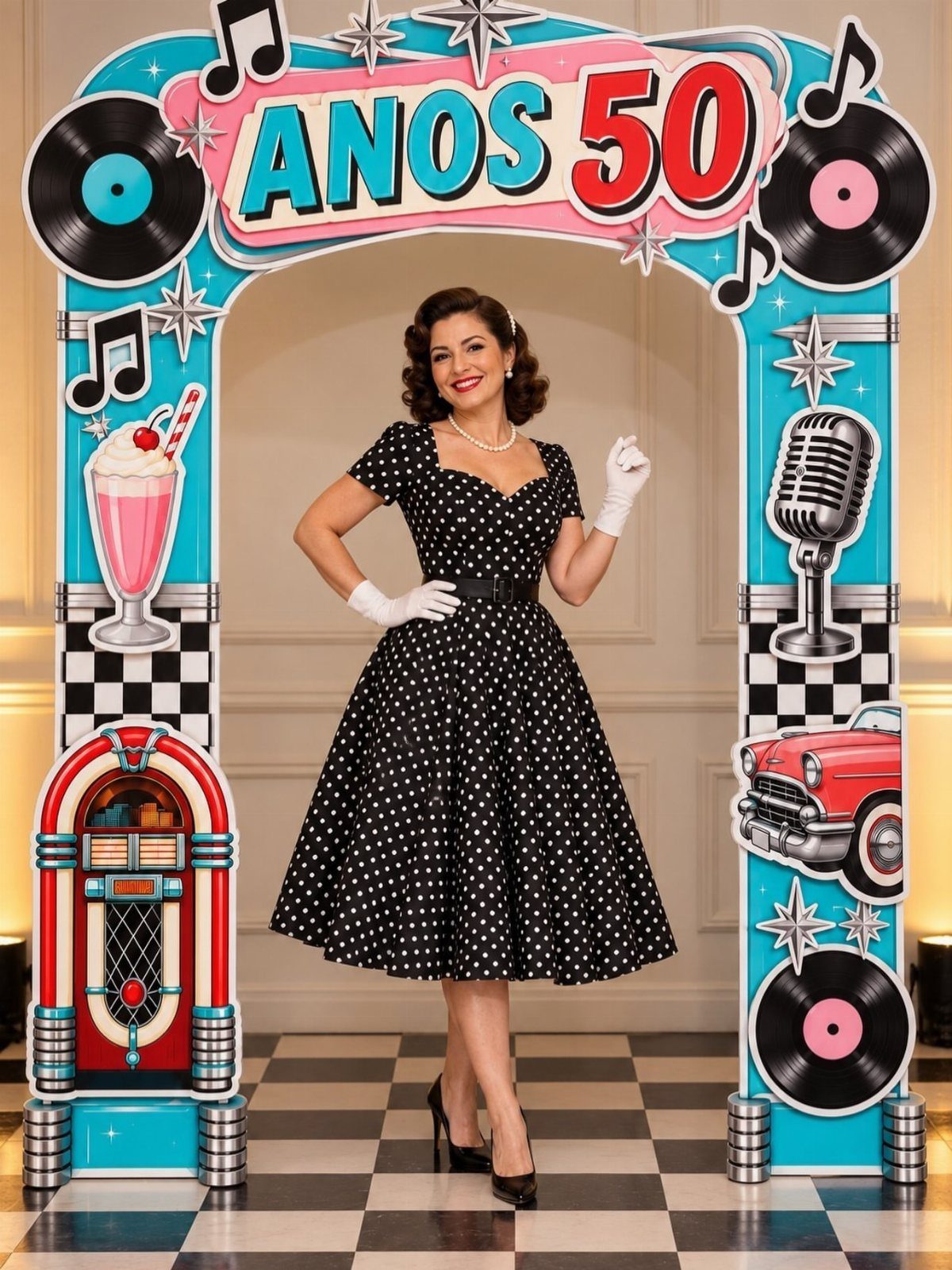 Woman in polka dot dress posing before a 1950s themed party backdrop.