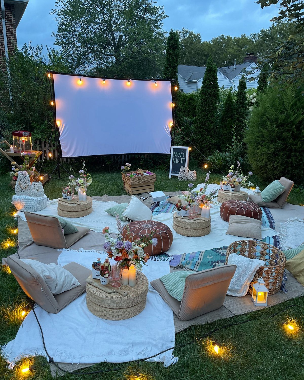 Outdoor movie screen with string lights, blankets, and cushions on a grassy lawn.