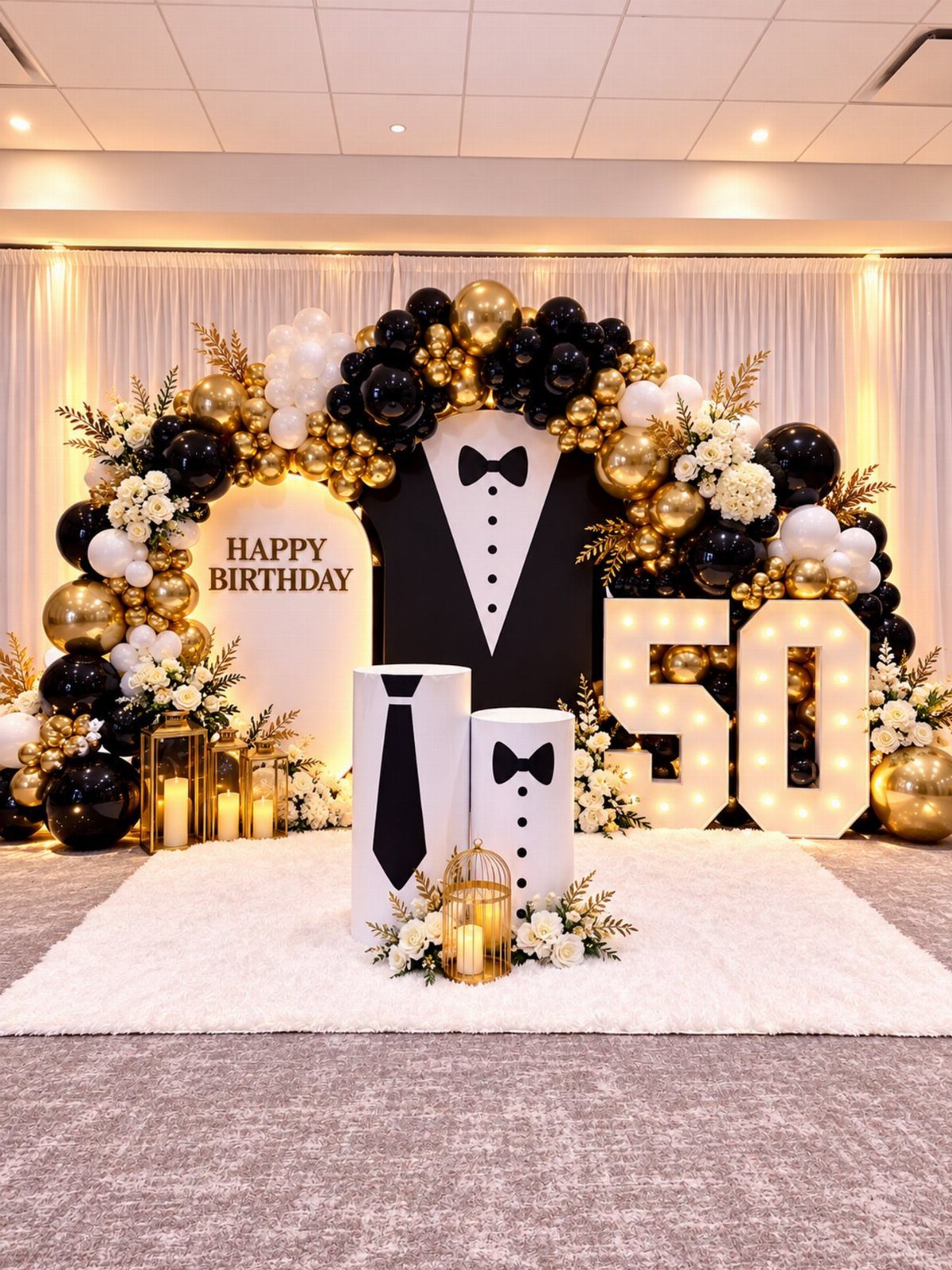Tuxedo themed 50th birthday party decoration with gold and black balloons and lights.