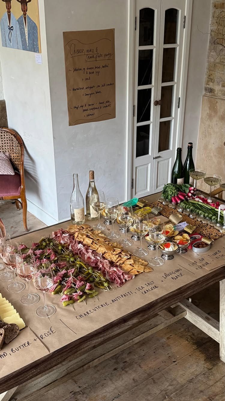 Grazing board with meats and cheeses and wine glasses on a wooden table.