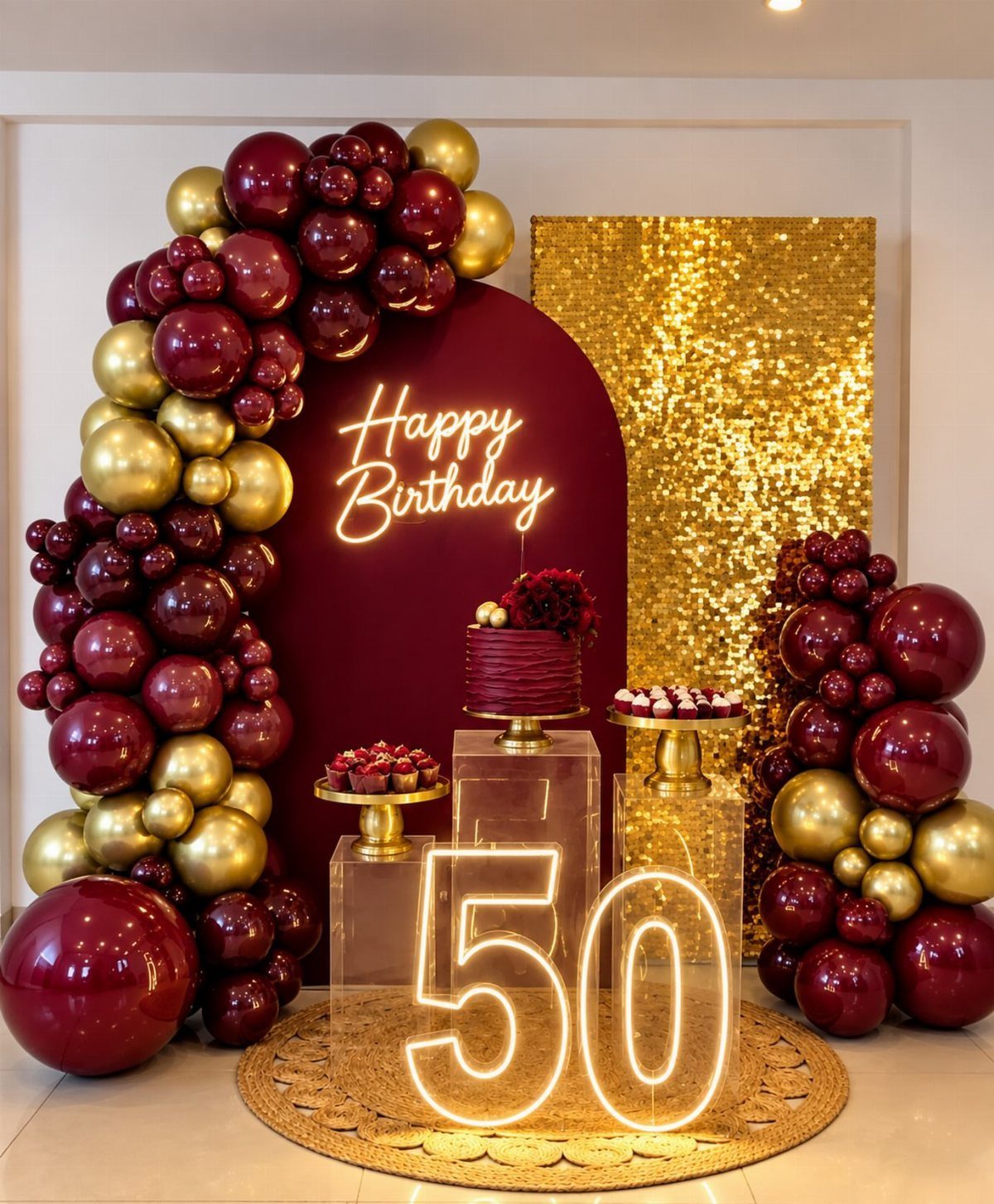 Burgundy and gold birthday decorations with a neon 50 sign and sequin backdrop.