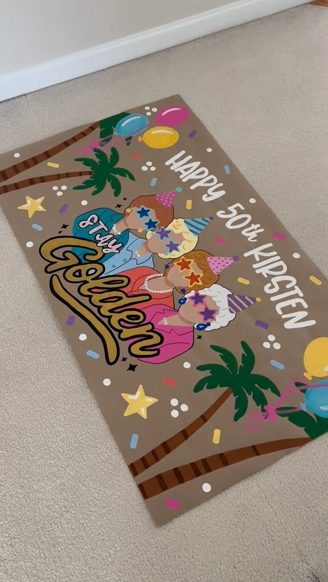 Custom birthday mat with Golden Girls characters, palm trees, and Happy 50th text.