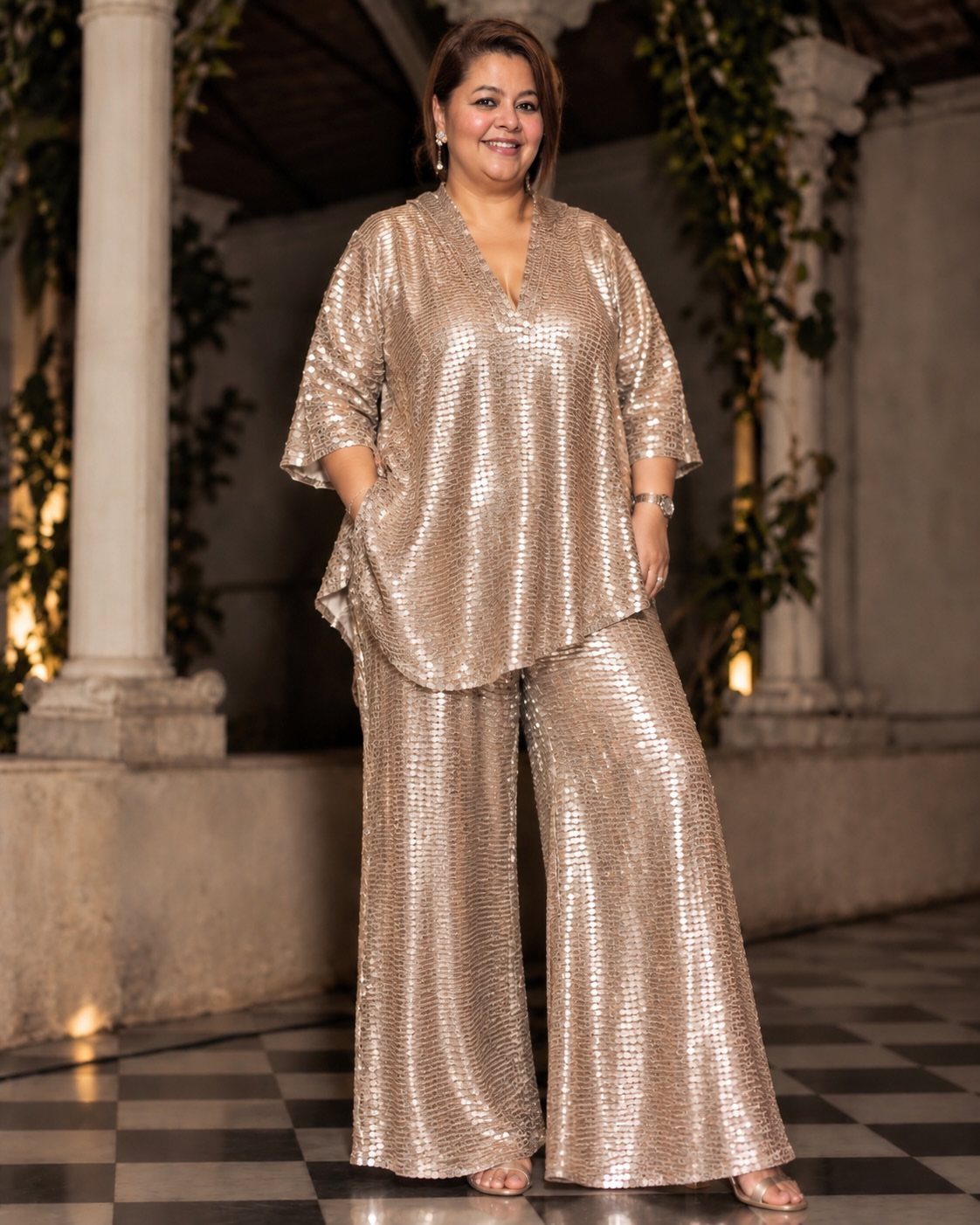 Woman in a shimmering gold sequined top and wide-leg trousers standing outdoors.