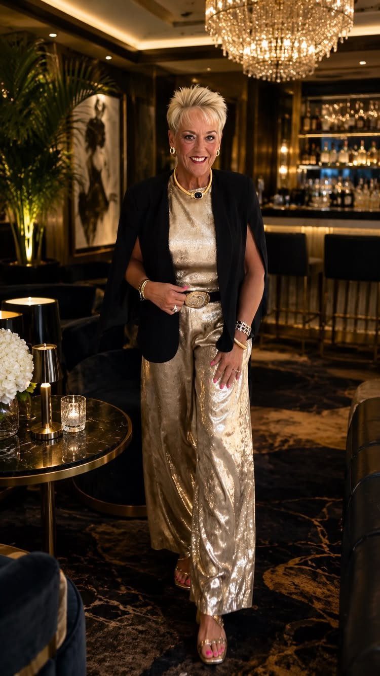 Mature woman wearing a gold shimmering jumpsuit and black blazer in a luxury lounge