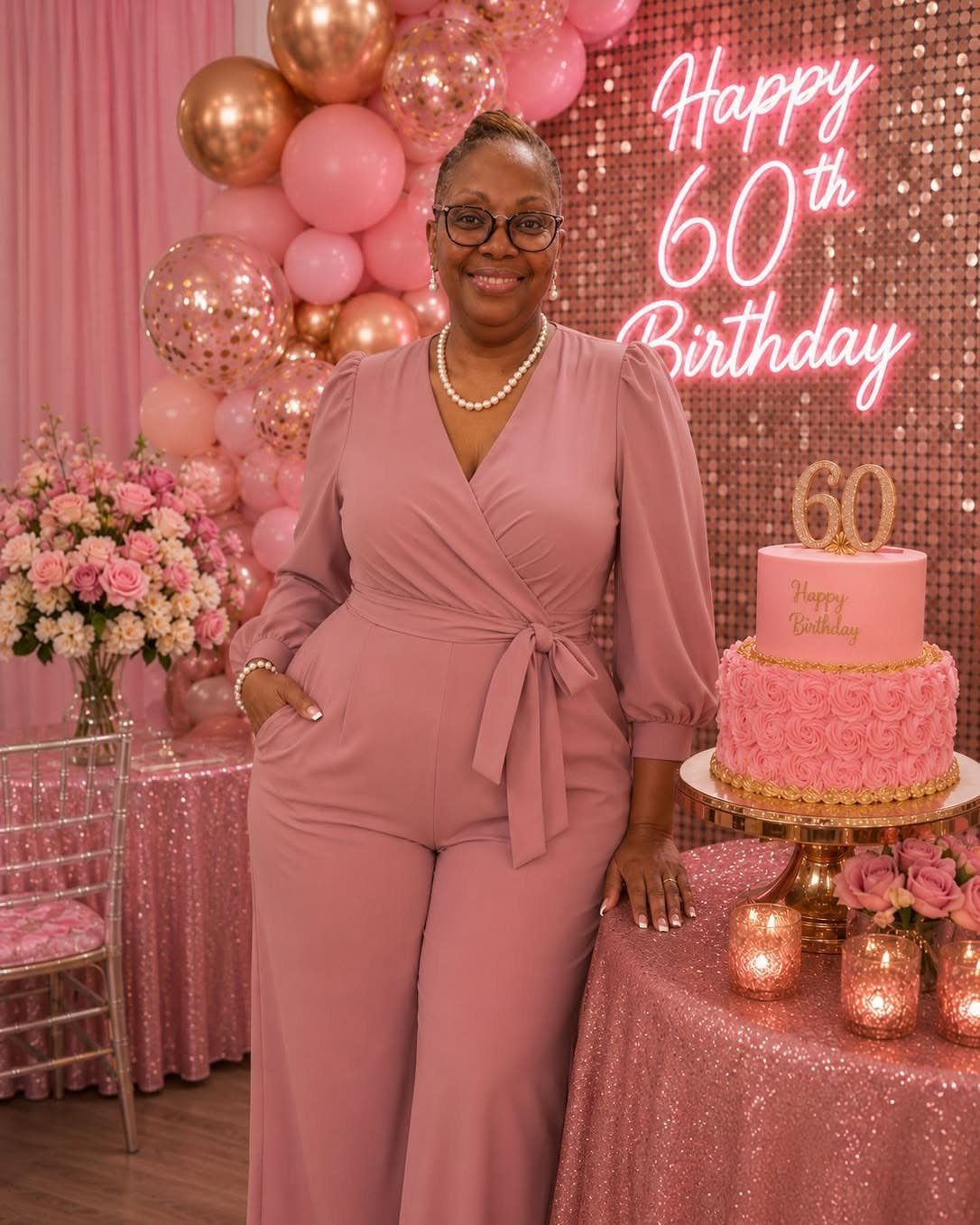Woman in a mauve-pink wrap jumpsuit celebrating her 60th birthday with pink decorations.