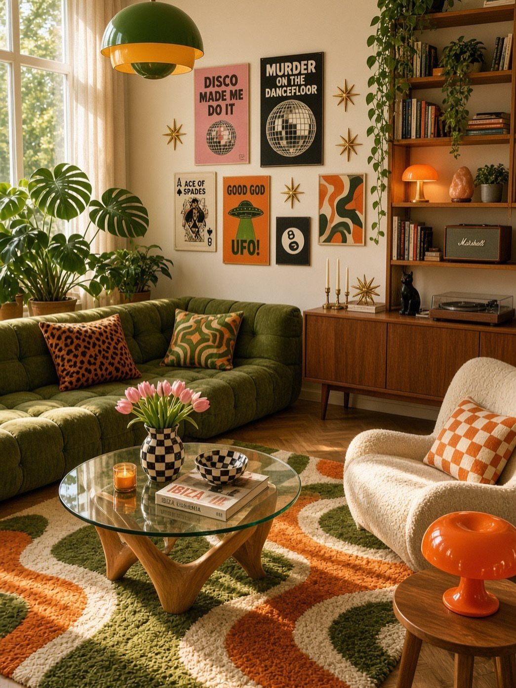 Patterned orange and green shag rug in a retro 1970s style living room.