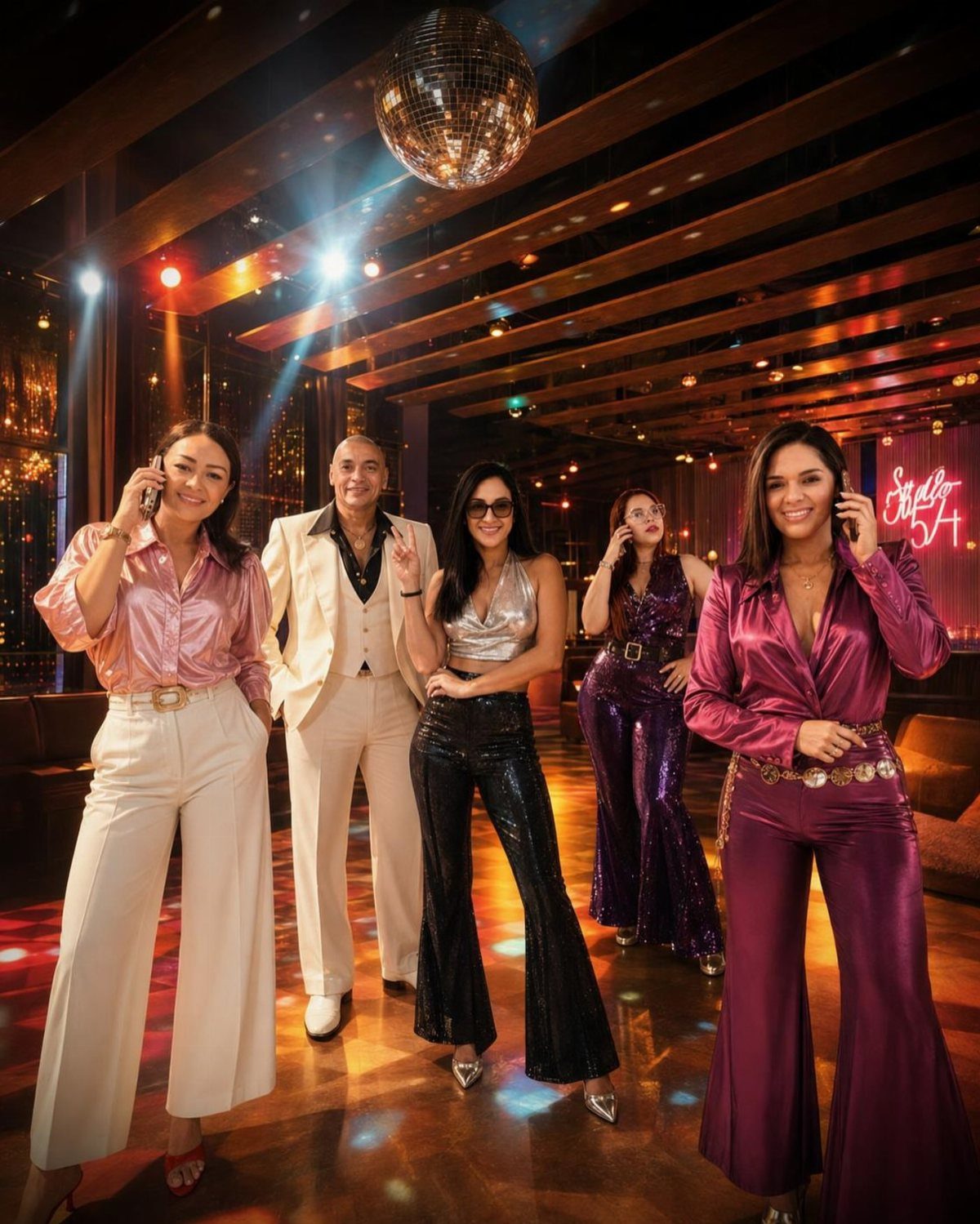 Five people wearing colorful 70s disco outfits posing under a mirrored disco ball.