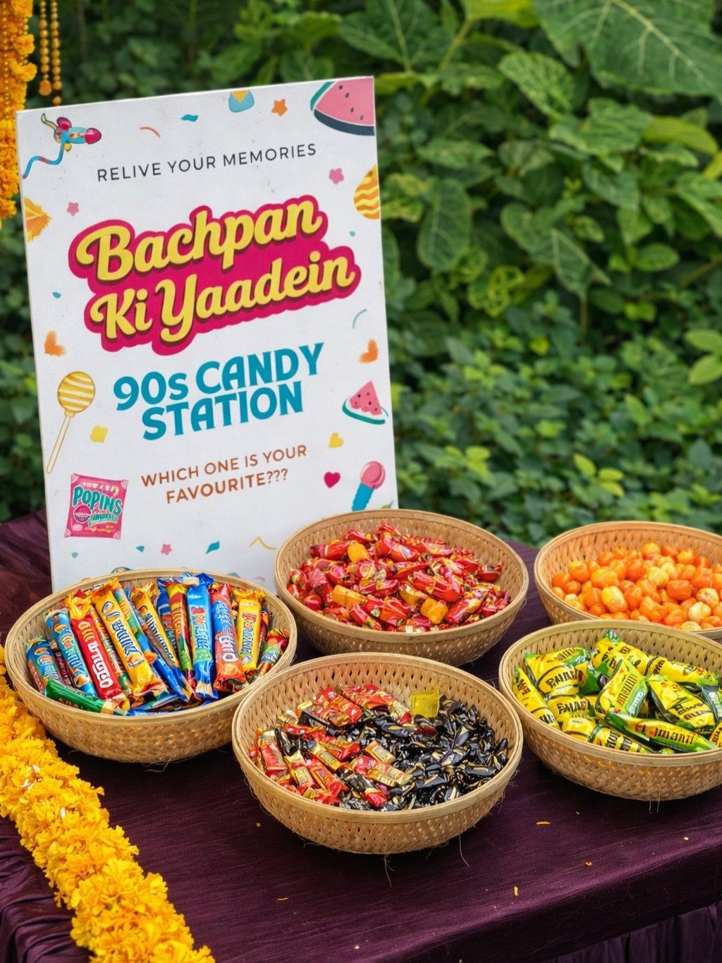 Woven baskets filled with colorful candies next to a 90s candy station sign.