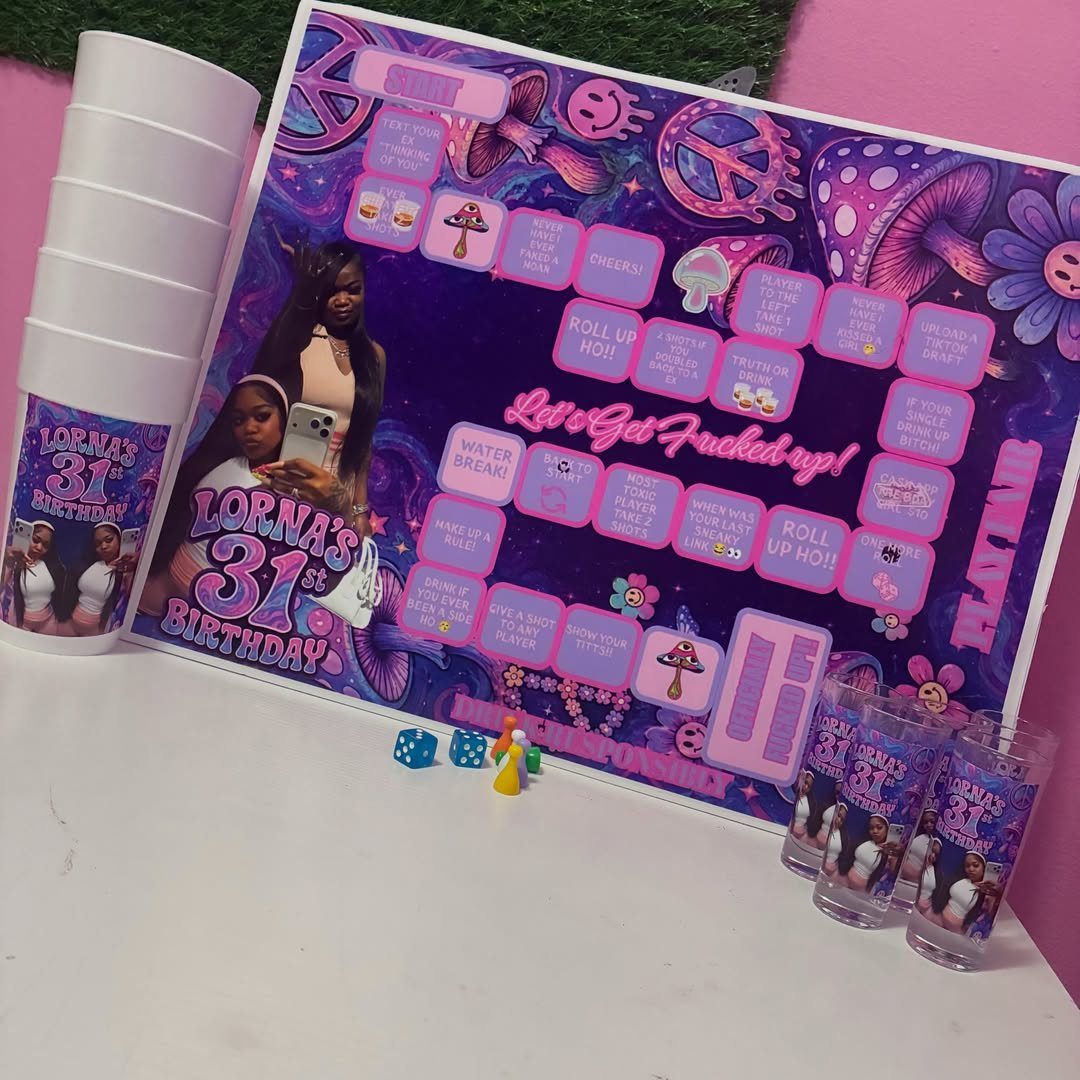 Purple birthday game board with matching cups and shot glasses for a 31st birthday.