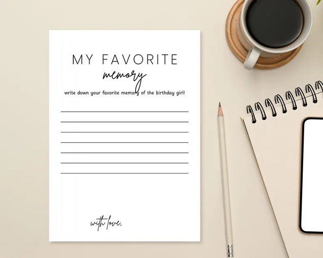 Printed memory card for a birthday girl with a pencil and coffee cup.