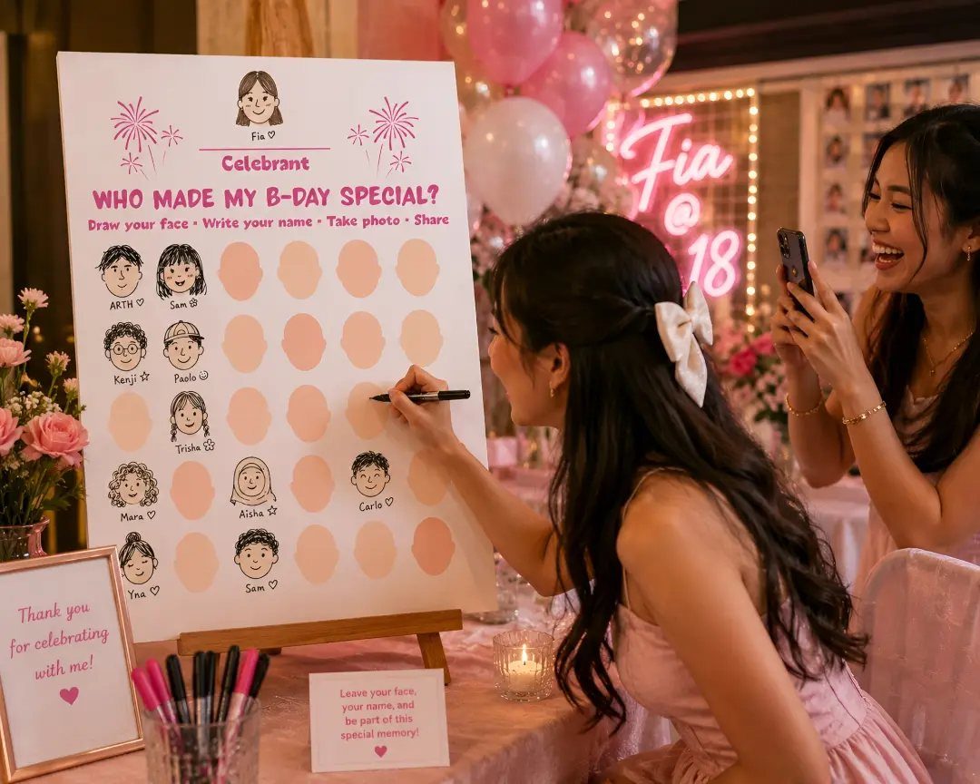 Woman drawing her face on a birthday guest activity board at a party.