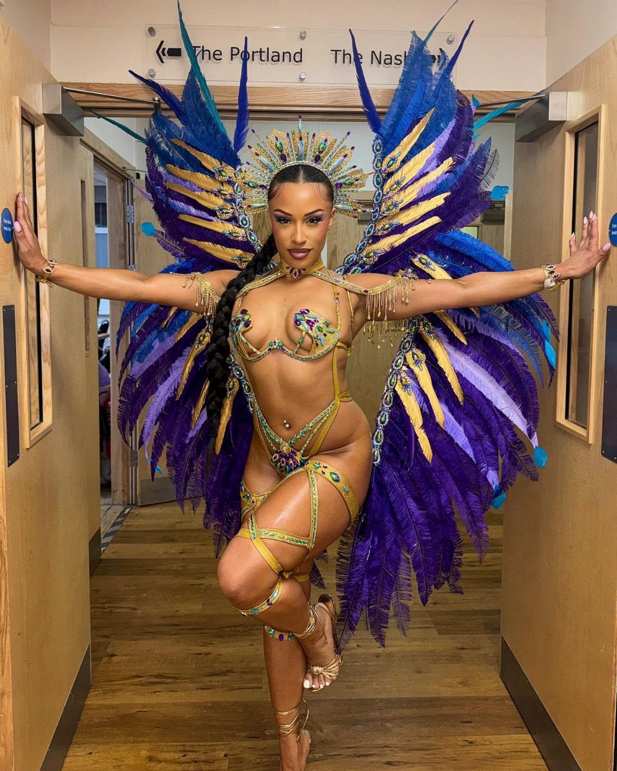Woman in a blue and purple feathered carnival costume posing in a hallway