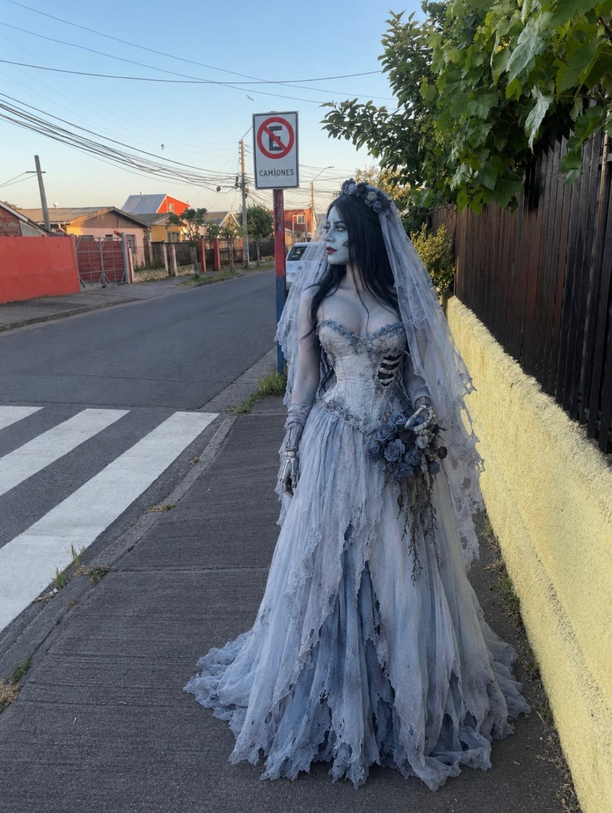 Zombie bride in a tattered grey wedding dress standing on a city sidewalk