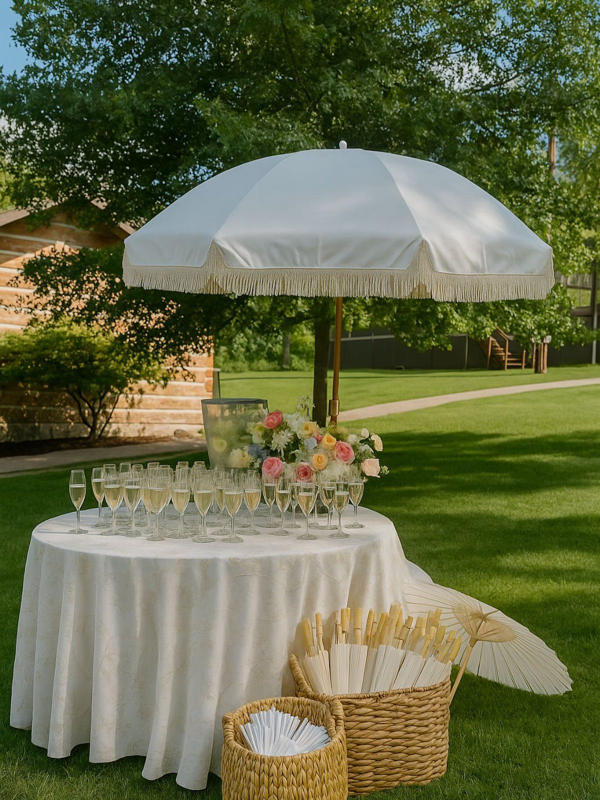 Champagne glasses and flowers on a white table under a fringed garden umbrella