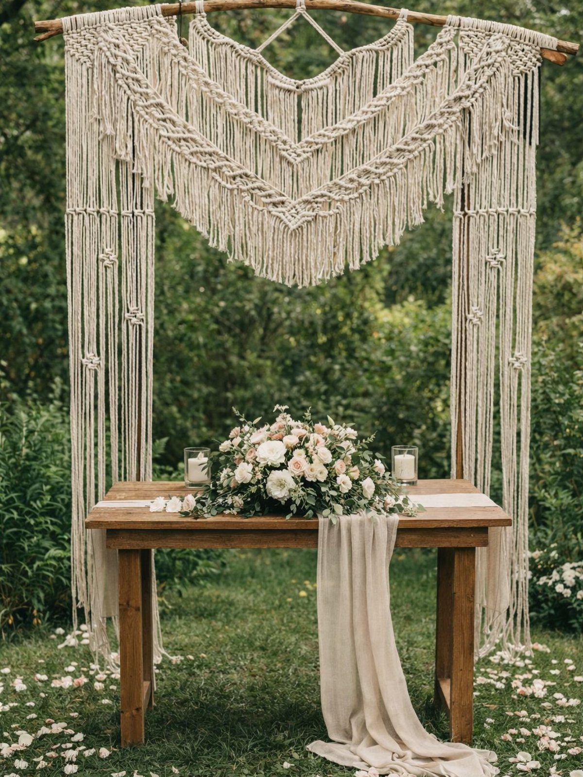 Cream macrame backdrop hanging over a wooden table with white floral centerpieces outdoors.