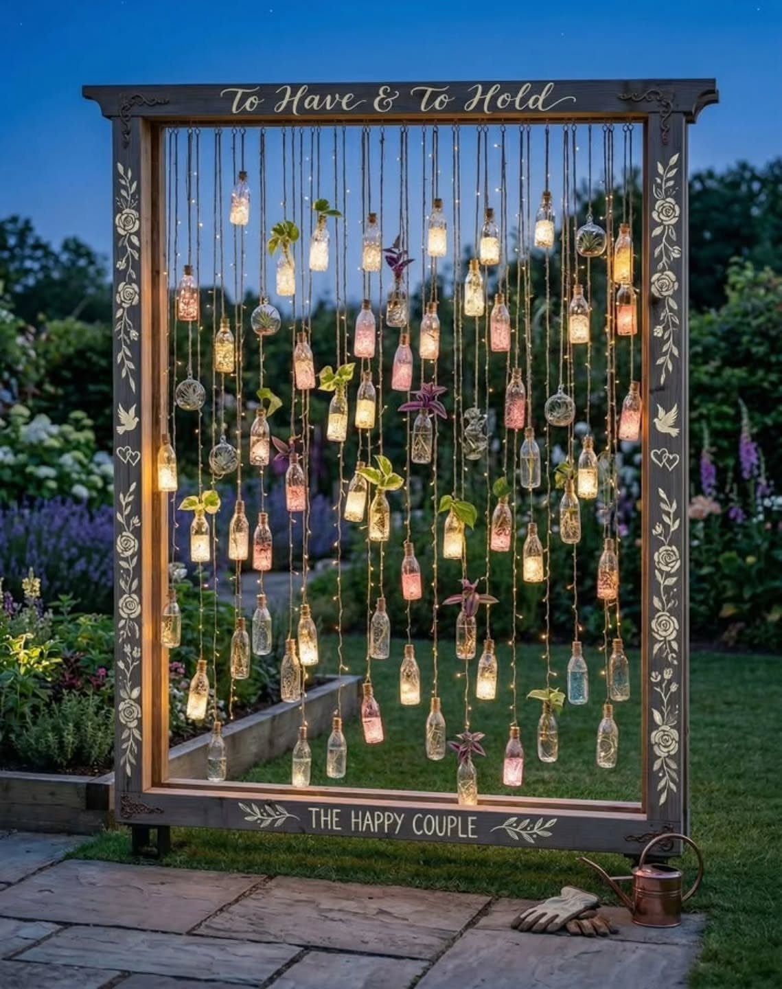 Wooden wedding sign frame with hanging illuminated glass bottles in a garden setting