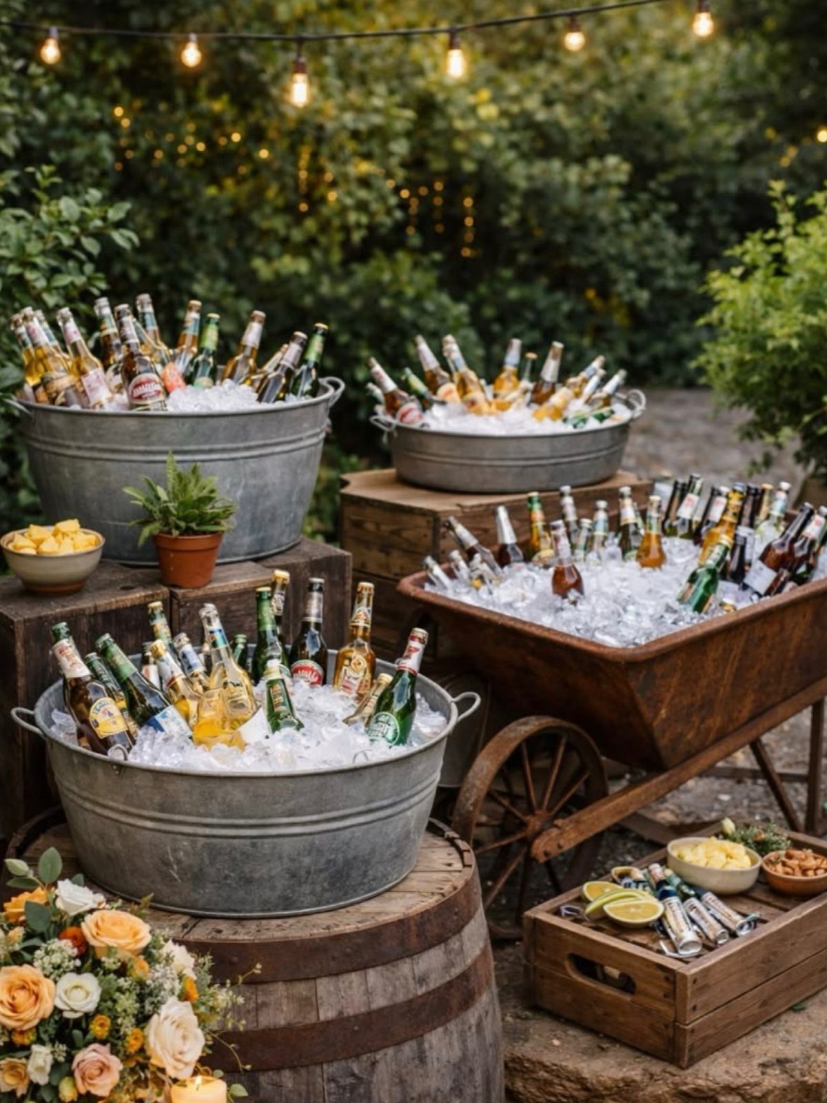 Beverage tubs and a wooden cart filled with ice and bottles in a garden
