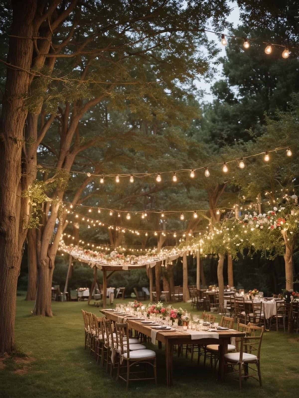 Wooden dining tables on a lawn under a canopy of warm string lights.