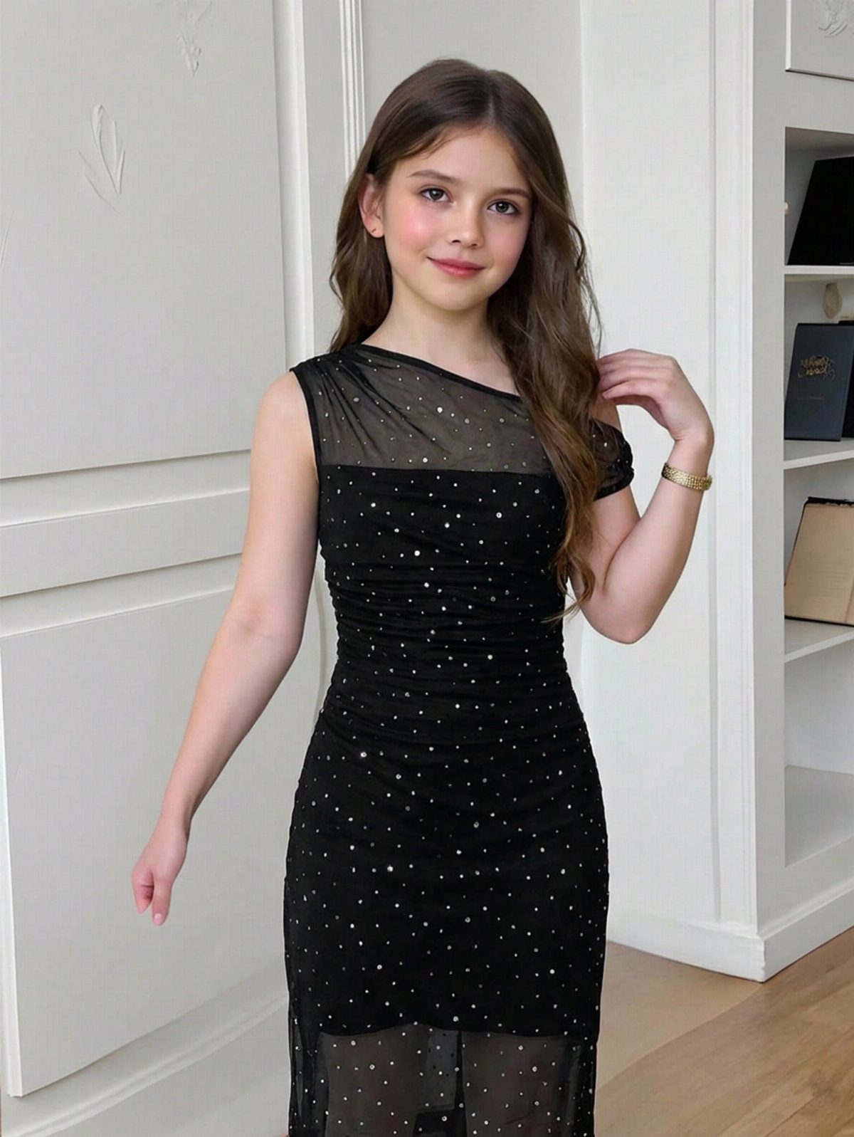 Young girl wearing a sparkling black cocktail dress in a white interior room.