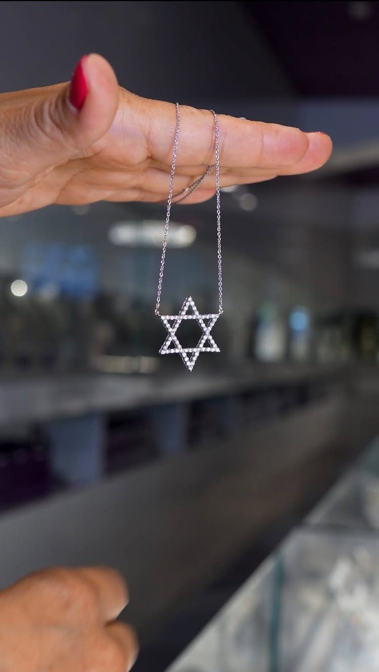 Silver Star of David necklace with diamonds held by a hand in a store