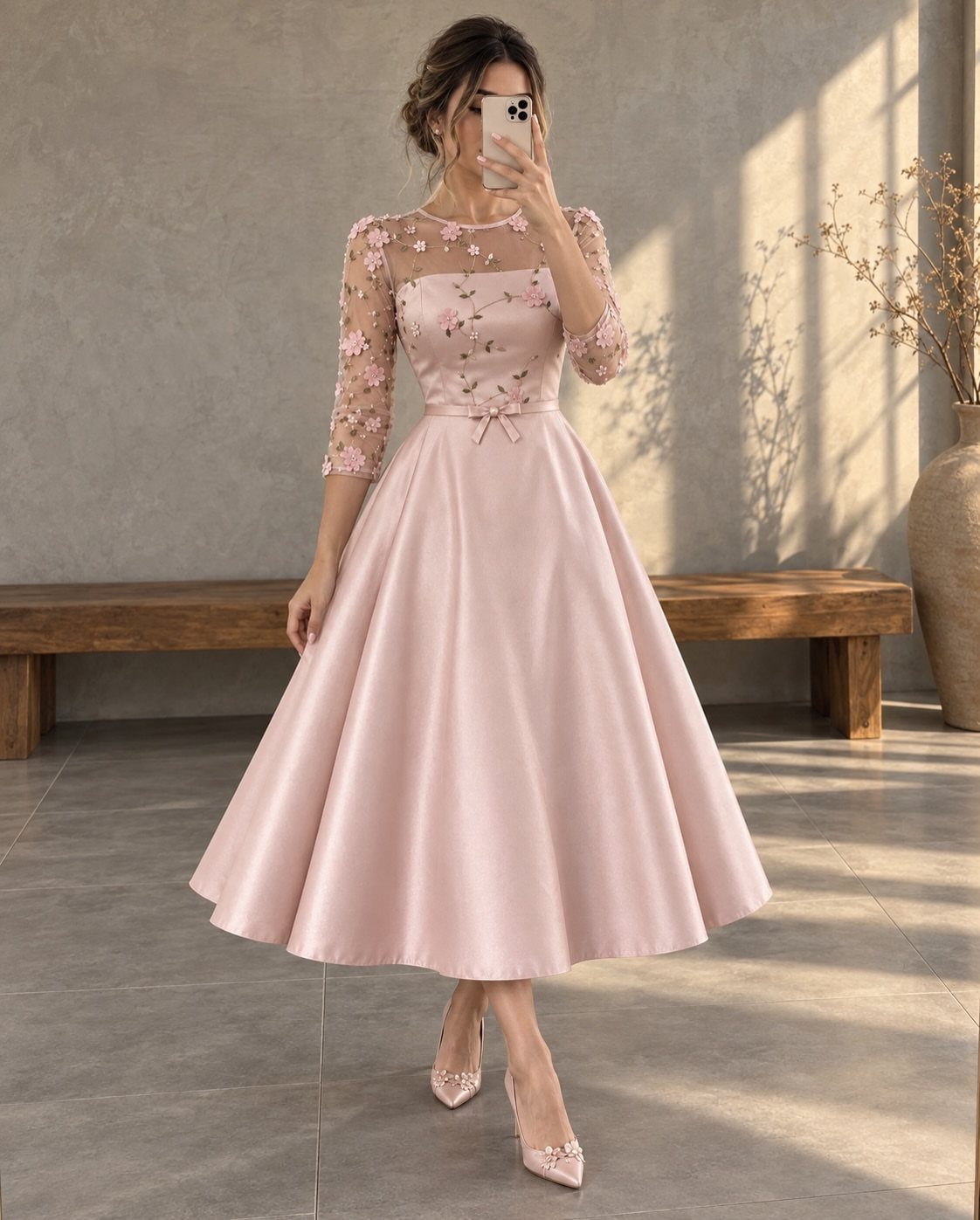 Woman wearing a pale pink midi dress with floral sleeves and satin skirt.