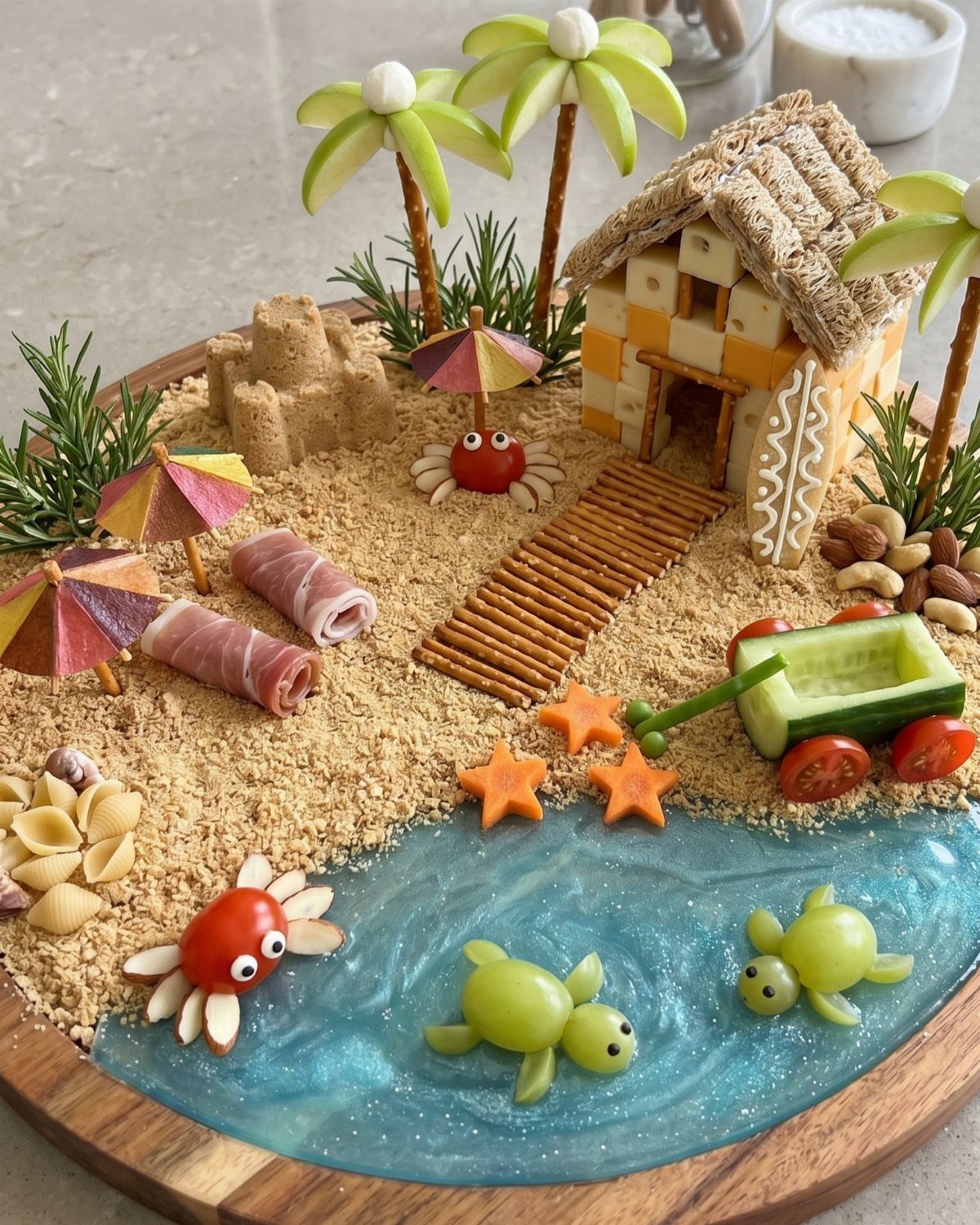 Beach-themed food platter with a cheese hut, pretzel bridge, and gelatin ocean.
