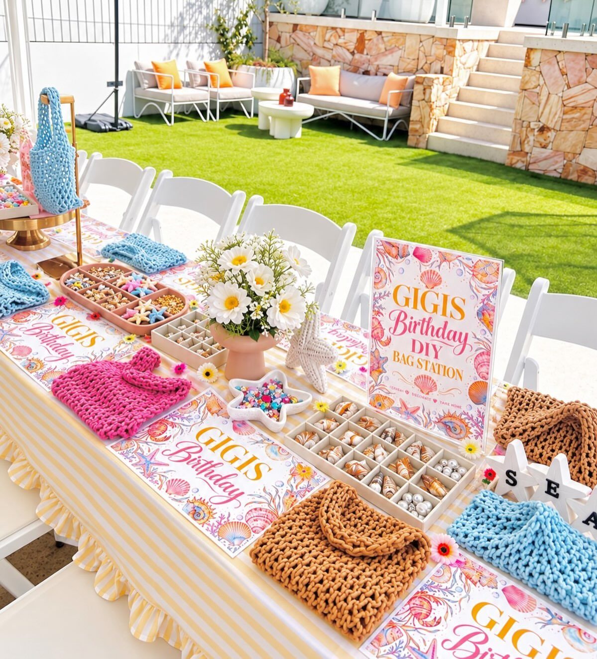 DIY bag station table with beads, crochet bags, and flowers for a birthday party
