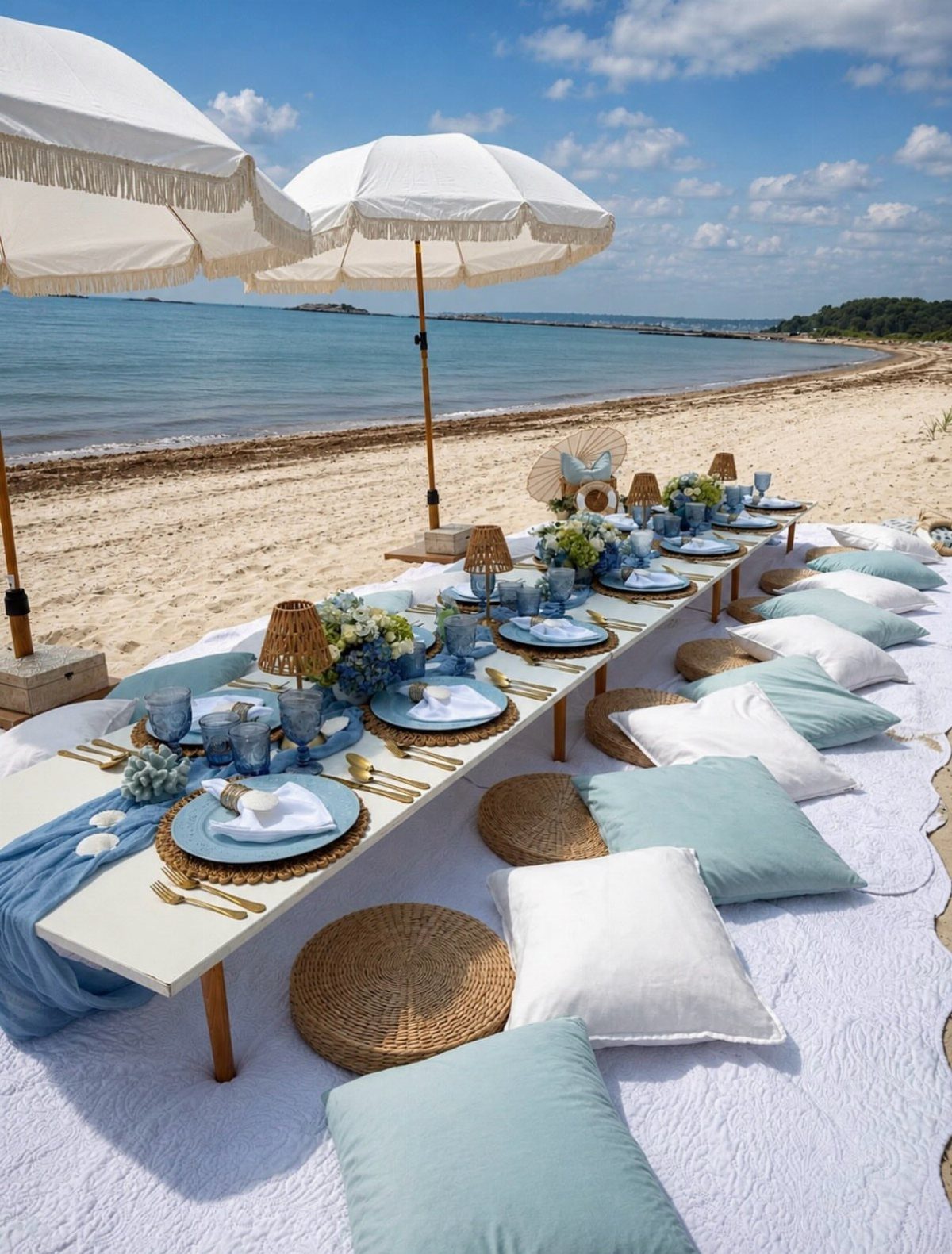 Low beach table with blue place settings and pillows for ground seating on sand.