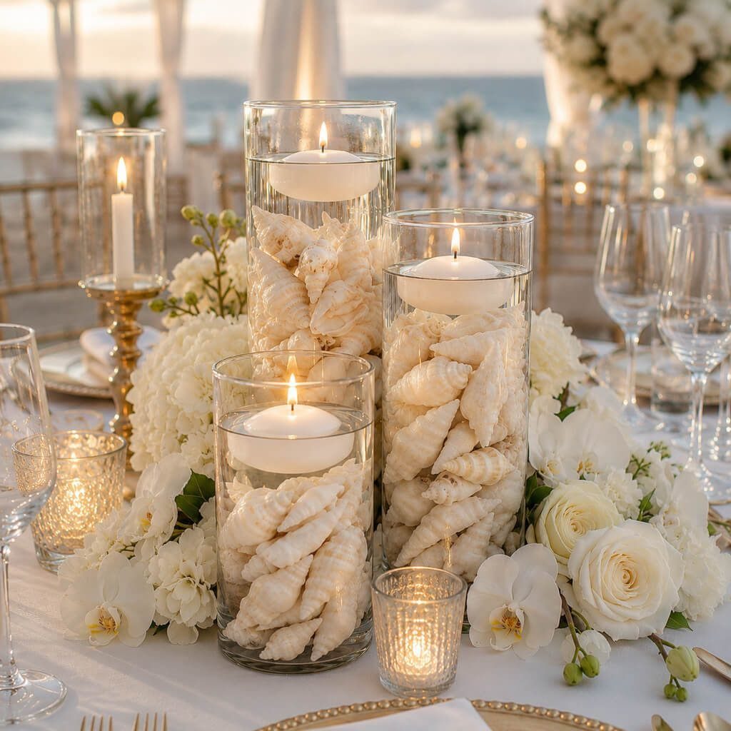 Glass vases filled with white seashells and floating candles on a beach table.