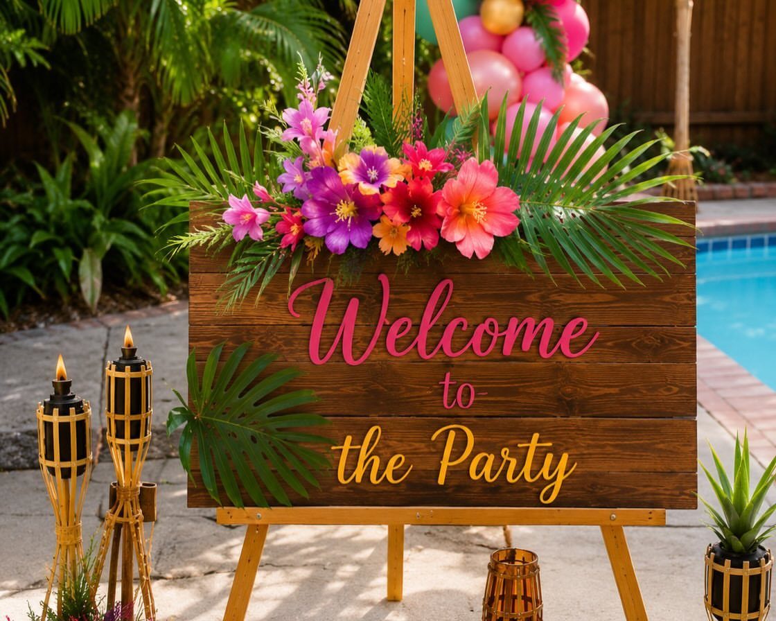 Wooden welcome sign decorated with tropical flowers and palm leaves by a pool.
