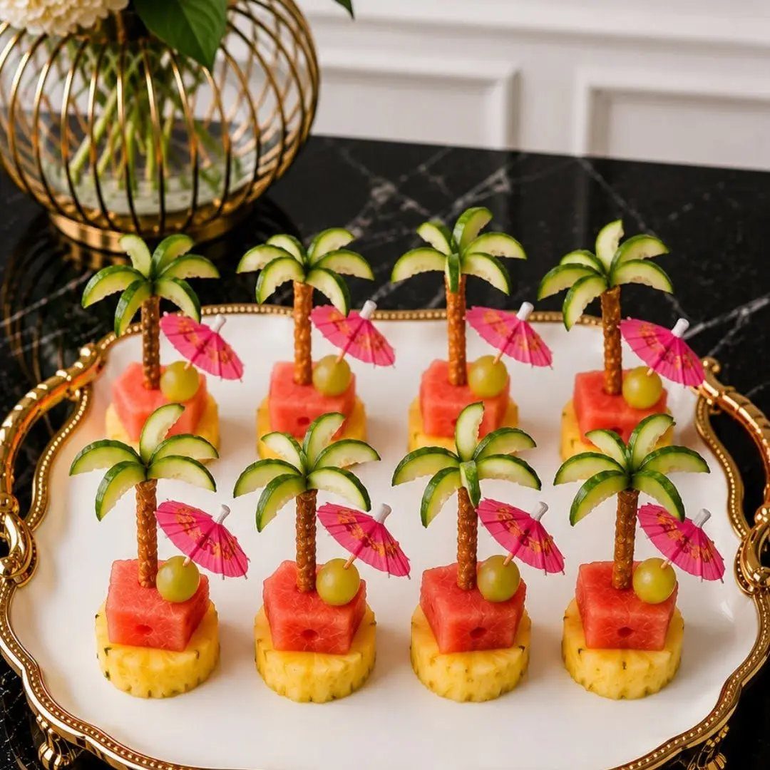 Miniature fruit appetizers shaped like palm trees with pink umbrellas on a tray.