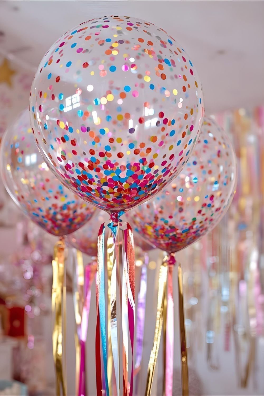 Clear balloons filled with colorful confetti tied with metallic gold and pink ribbons.
