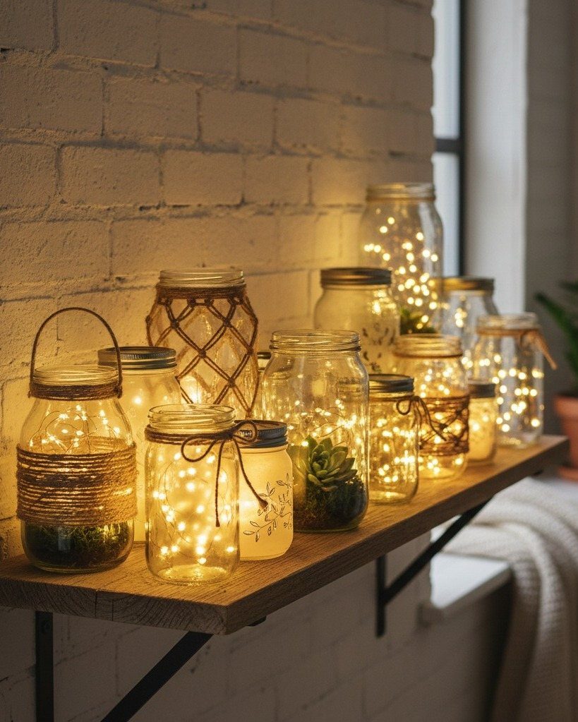 Mason jars with fairy lights and succulents arranged on a wooden shelf.