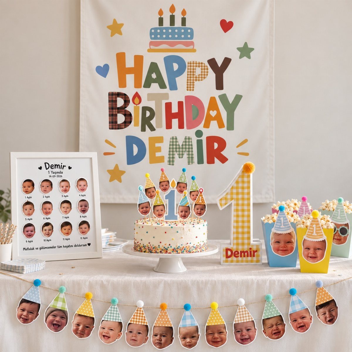 Personalized birthday banner and photo decorations for a first birthday party setup.