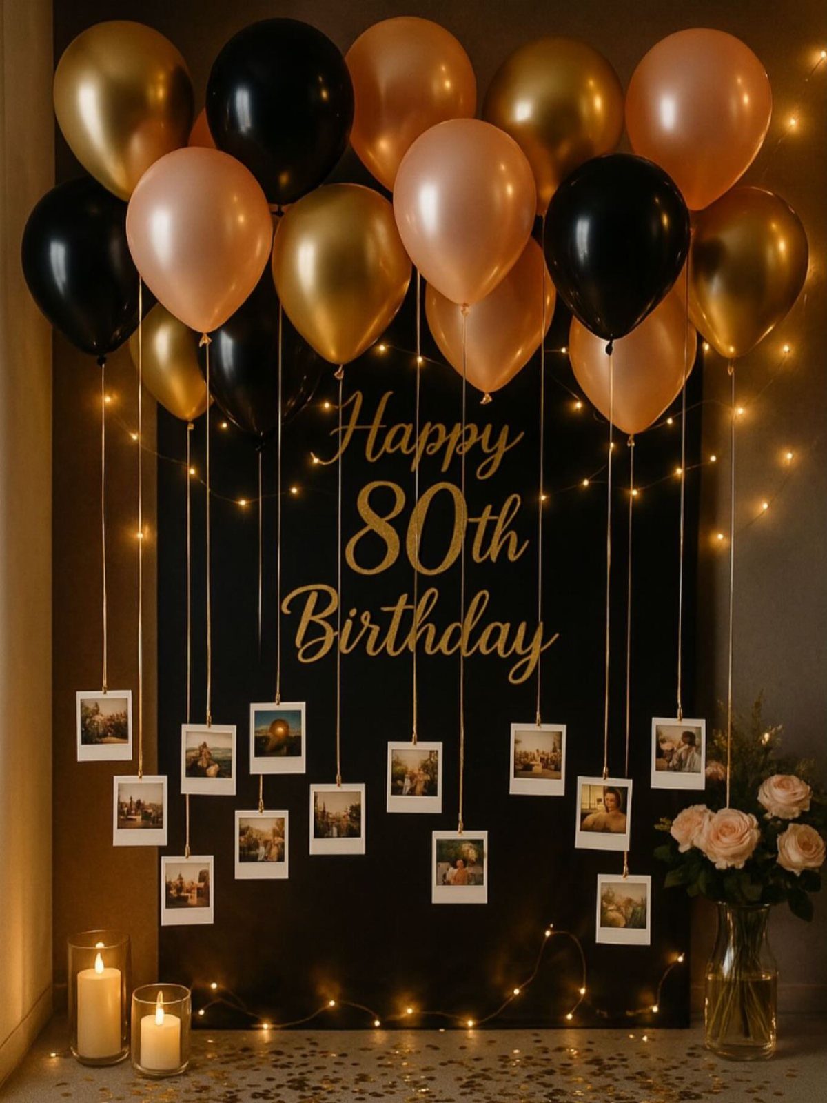 Birthday decorations with gold and black balloons and hanging polaroid photo memories.