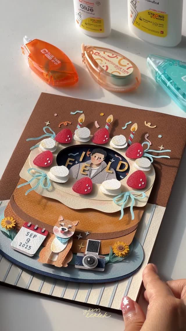 3D layered birthday card shaped like a cake with a photo and dog