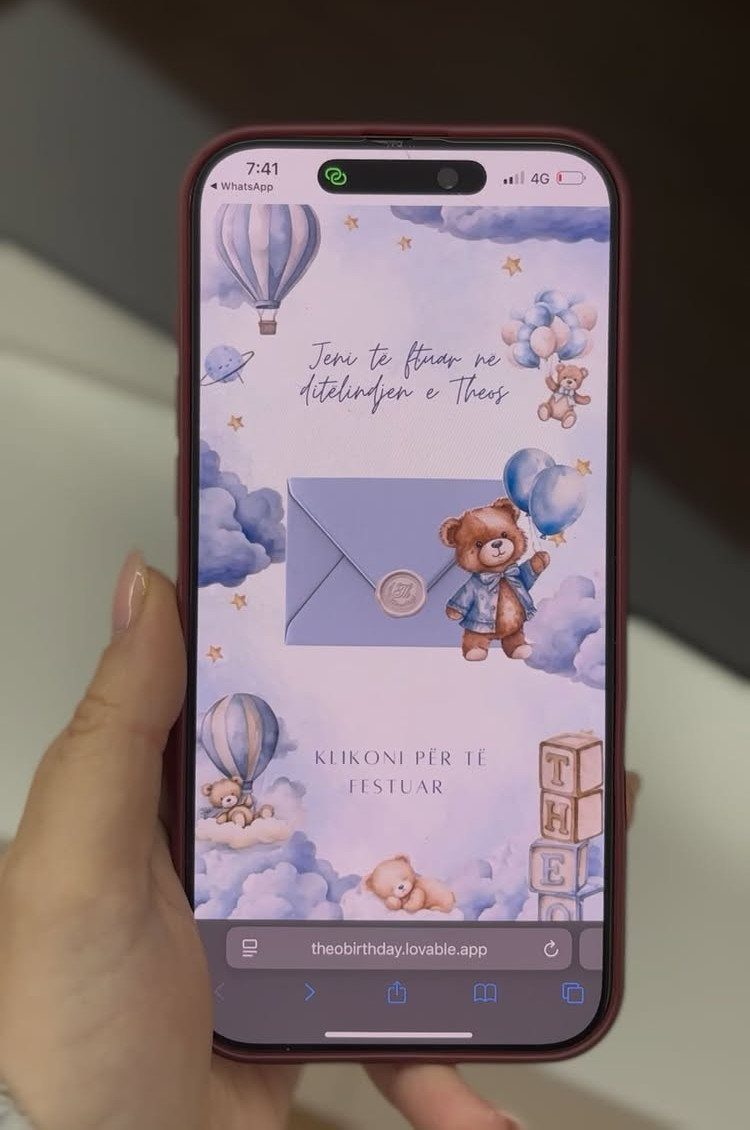Smartphone screen displaying a digital birthday invitation with teddy bears and balloons.