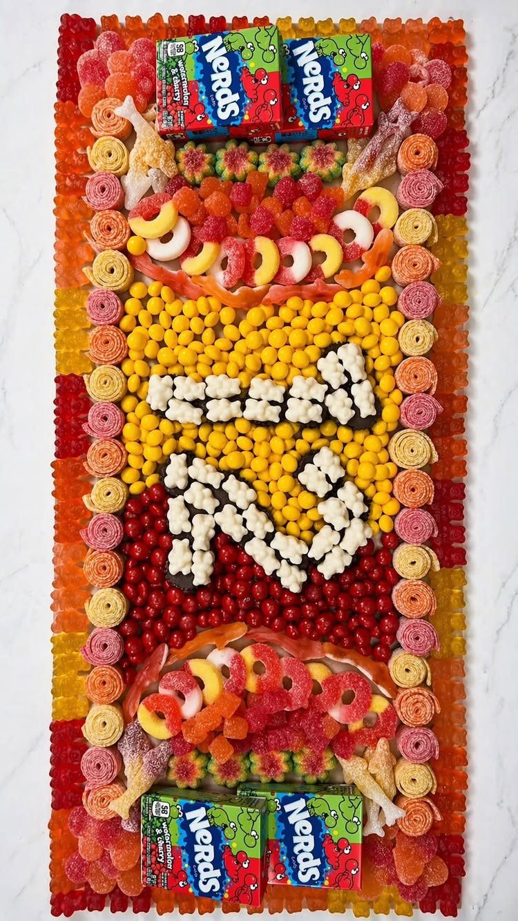Candy charcuterie board with colorful gummies, Nerds, and sweets on white marble.