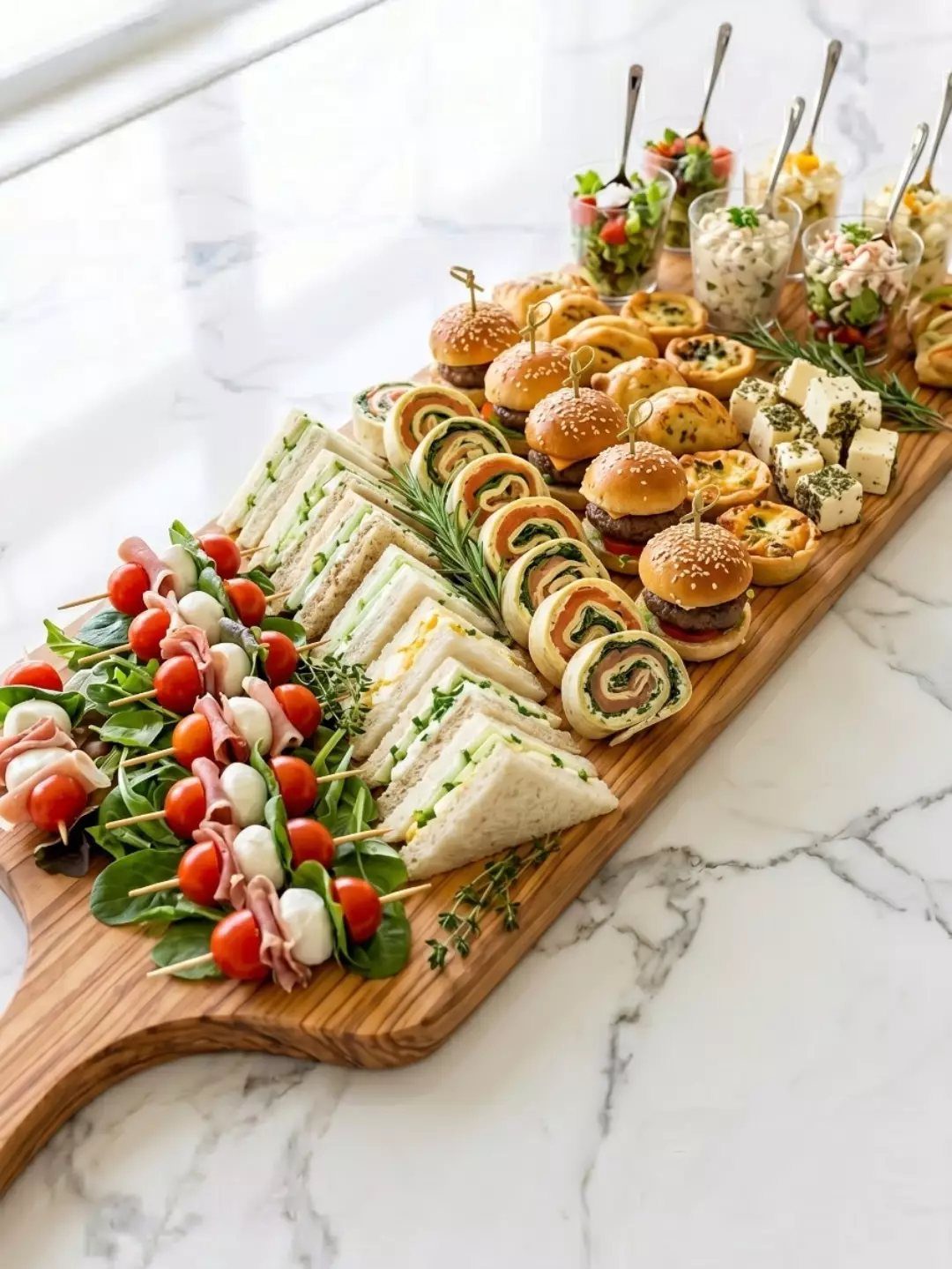 Wooden platter with caprese skewers, mini sliders, sandwiches, and wraps on marble surface