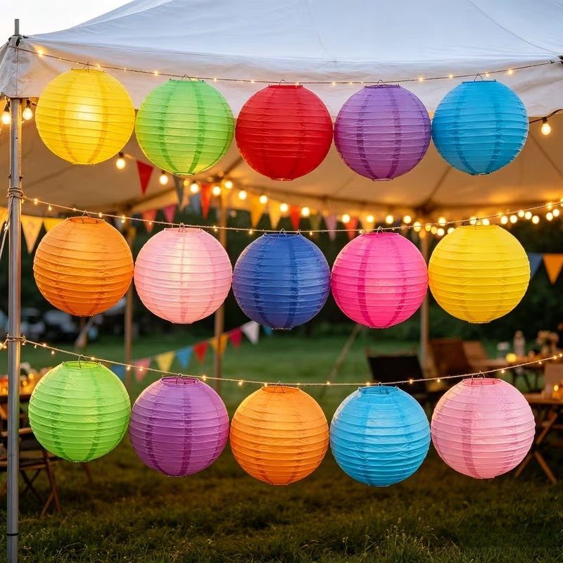Colorful spherical paper lanterns hanging from string lights under a white outdoor tent.