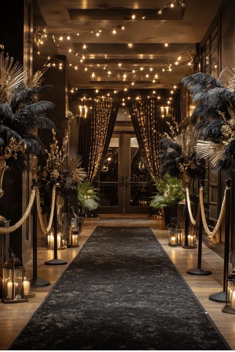 Black carpet runner lined with gold stanchions and black and gold floral decor.