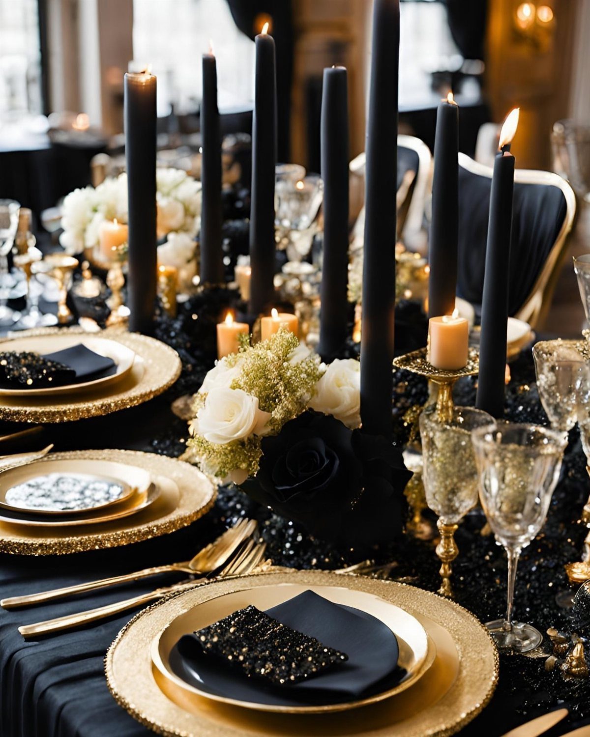 Luxurious black and gold table setting with tall black candles and white flowers.