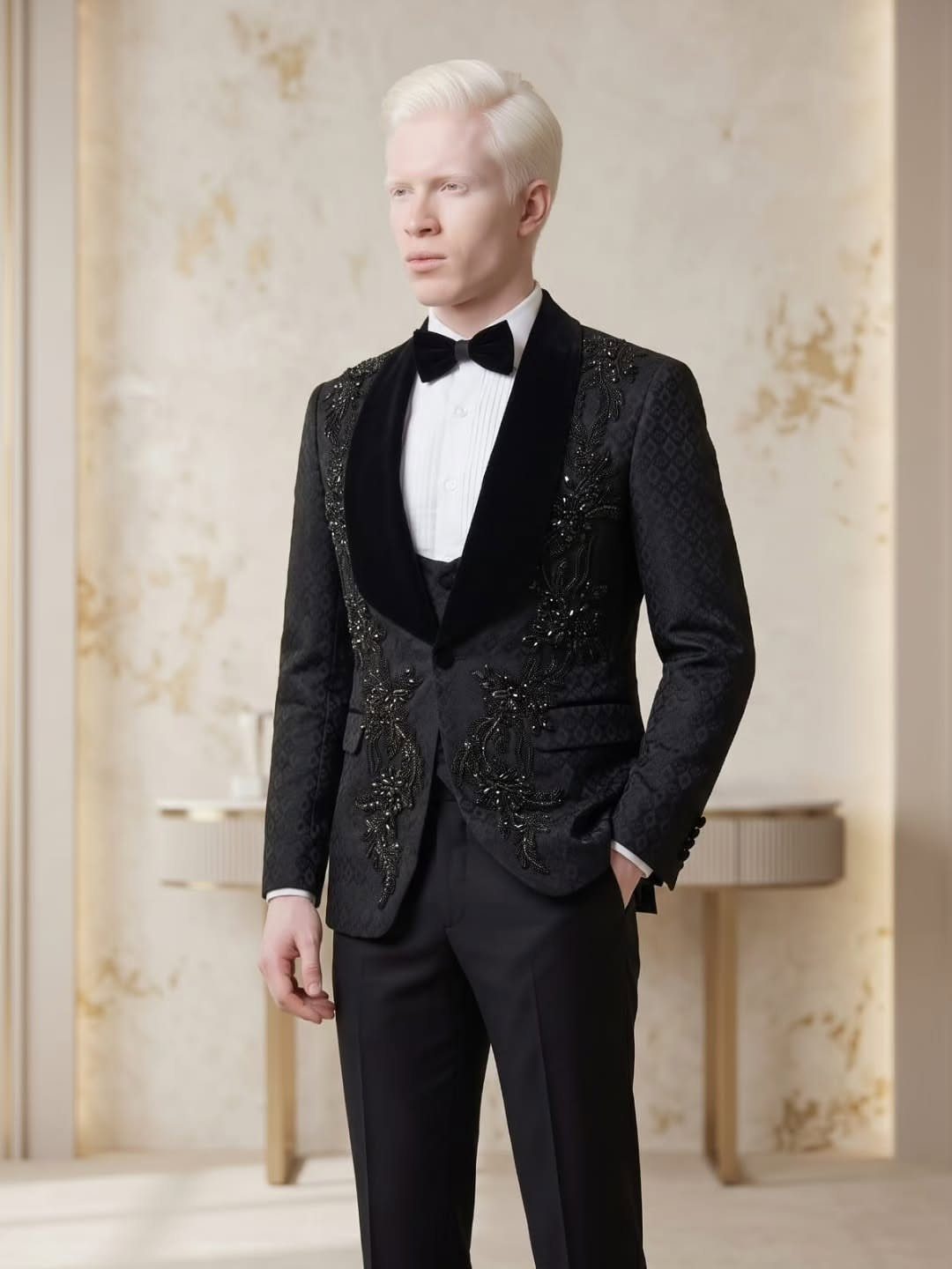 Man with white hair wearing an ornate black tuxedo and black bow tie.