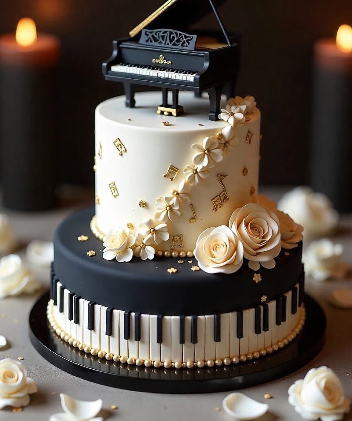 Two-tier black and white cake decorated with piano keys and a miniature grand piano.